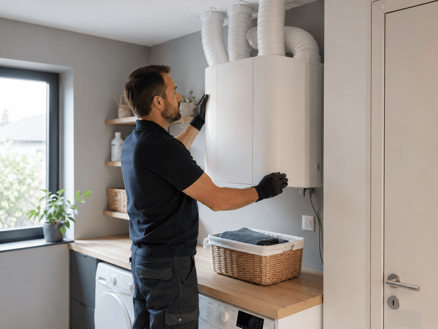 Technicien installant une ventilation double flux