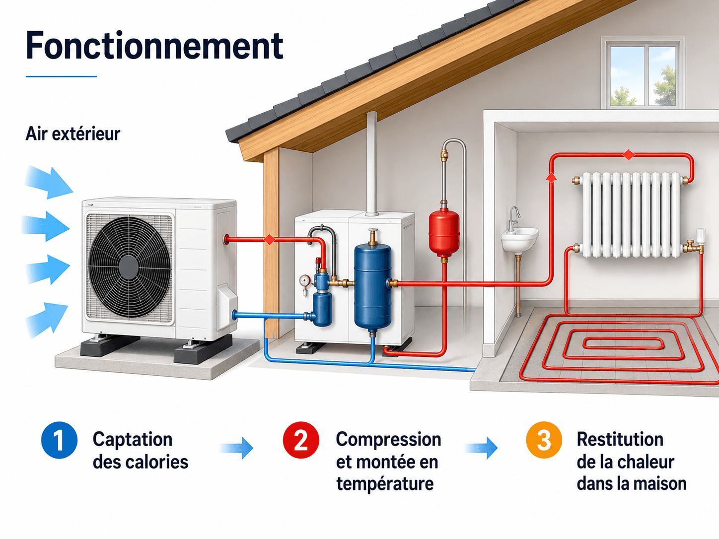 Schéma du fonctionnement d'une pompe à chaleur air/eau dans une maison